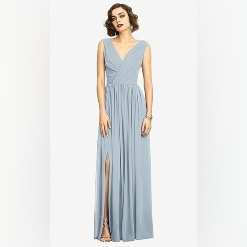 Dessy Collection Sleeveless Draped Chiffon Maxi Dress with Front Slit in Mist